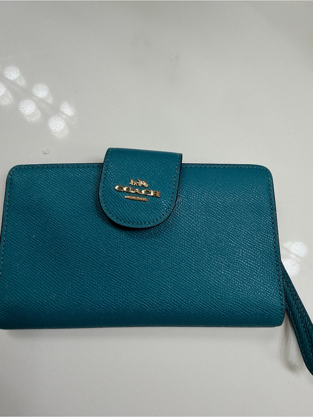 COACH Teal Saffiano Leather Wristlet Wallet with Gold Logo